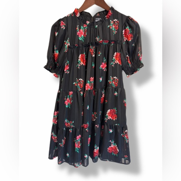 Cat & Jack Other - Cat & Jack Black Floral Babydoll Tiered Dress Girls XL (14) Puff Sleeve Boho